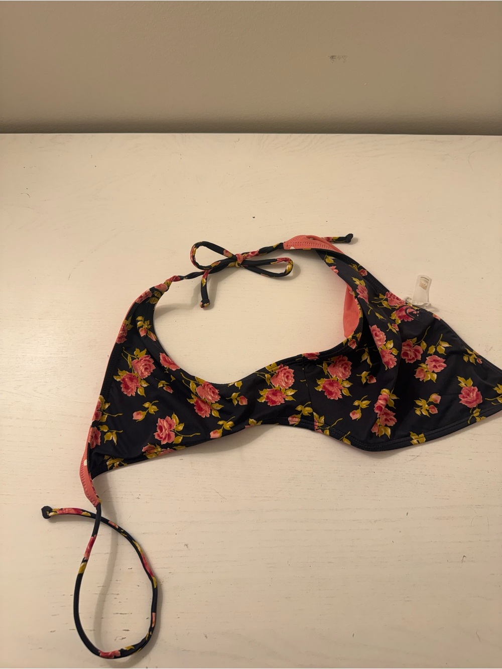 Quiksilver Navy Floral Halter Bikini Top with Pink Roses and Yellow Accents